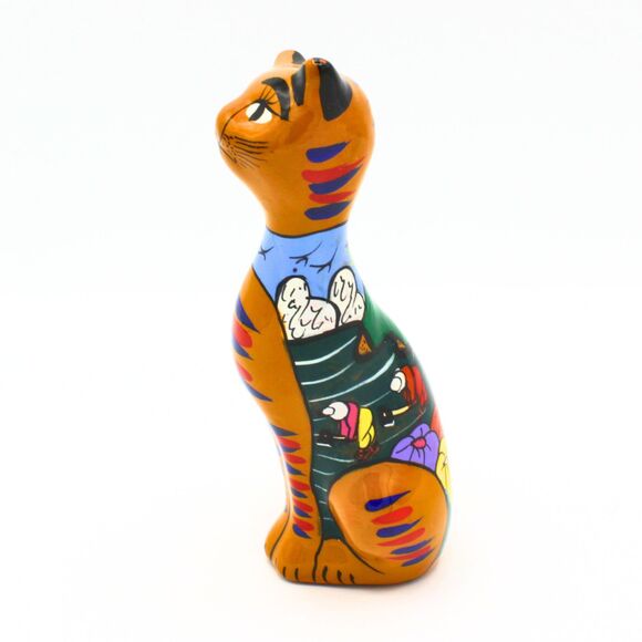 Vintage Mexican Talavera Cat Figurine Hand-Painted Clay Pottery Folk Art Decor - Picture 5 of 8